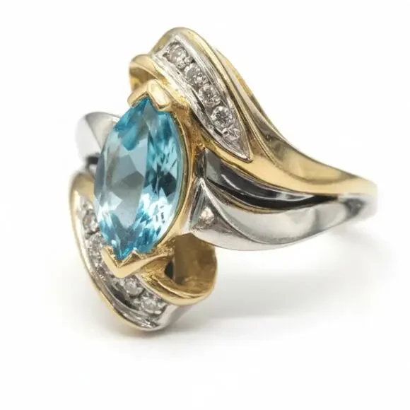 Vintage Marquise Topaz and Round Diamonds Ring 10 KT Yellow and White Gold 7.5 - Picture 2 of 7